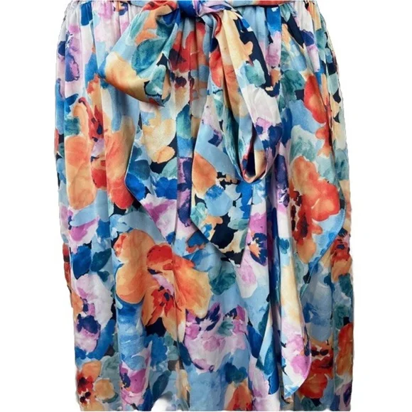 Nicole Miller Dress L Multicolor Floral Maxi Faux Wrap Ruffle Satin V-Neck Belt - Picture 7 of 7